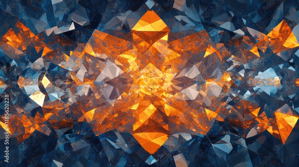 Poster abstract fractal pattern with dynamic light flow in blue, orange, and navy tones showcasing luxuriou