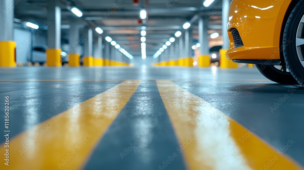 Poster bright and spacious underground parking lot with sleek led lighting system and minimalist architectu