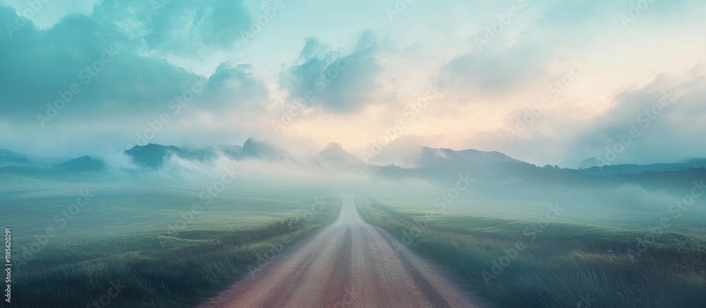 Aufkleber foggy roadway through misty landscape with soft pastel skies and ample space for adding text or grap