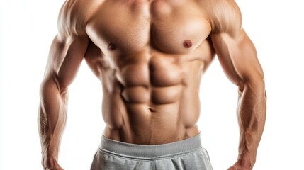 Fototapeta premium Muscular male torso demonstrating strength and fitness on a clean white background for health and wellness related visuals.