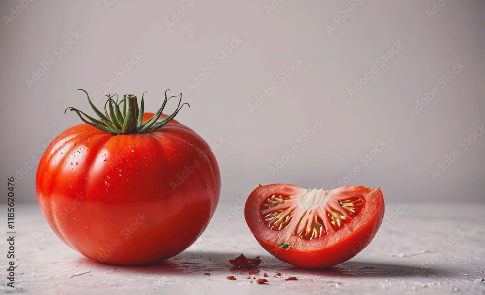 Poster tomato is cut in half and a small piece of it is on the table. the tomato is red and has a stem