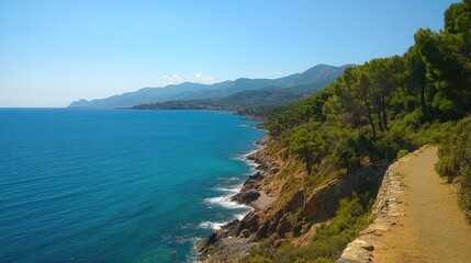 Serene Mediterranean coastline view from a scenic walkway with clear blue waters and lush greenery under a bright sunny sky.