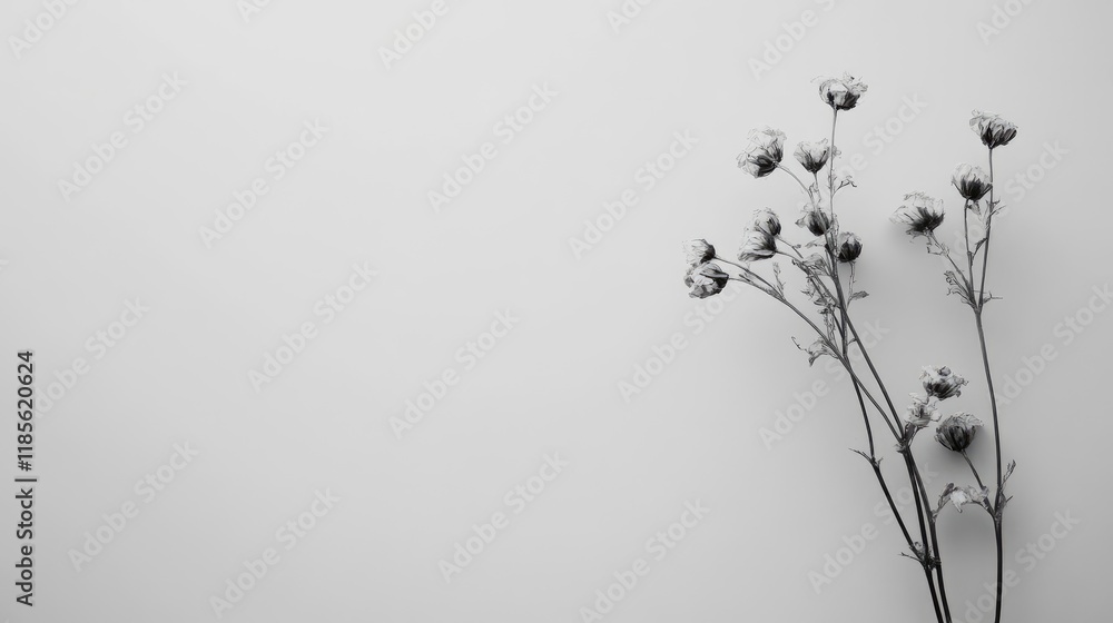 Poster grayscale dried flower arrangement on minimalist background with space for text or design elements