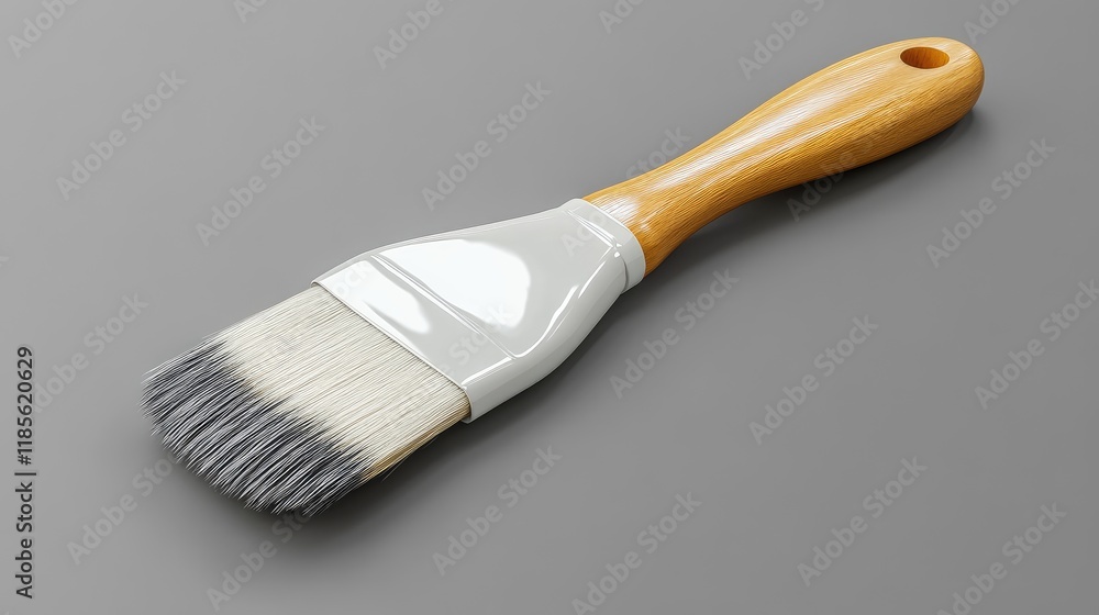 Poster paint brush with colorful handle resting on a neutral gray background showcasing tools for artists a