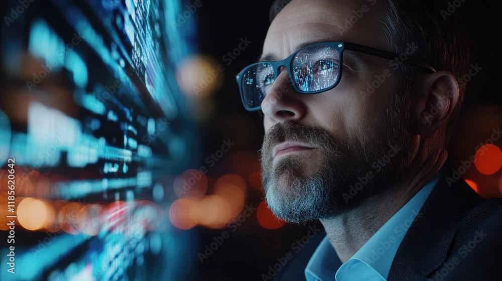 Poster investment professional analyzing fintech data with digital security network visuals and futuristic 