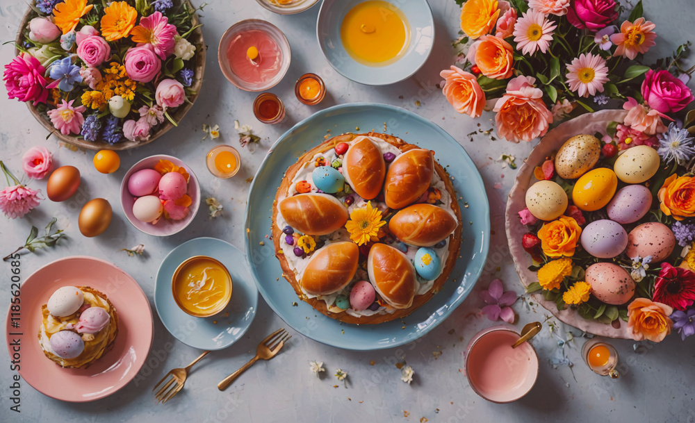 Poster table with a variety of food and flowers. there are several plates with different foods, including a