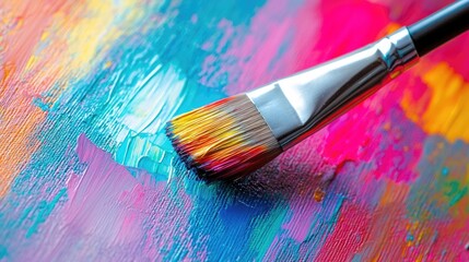 Fototapeta premium Closeup of paintbrush bristles with vibrant multicolor brush strokes on an artist canvas showcasing creative painting techniques.