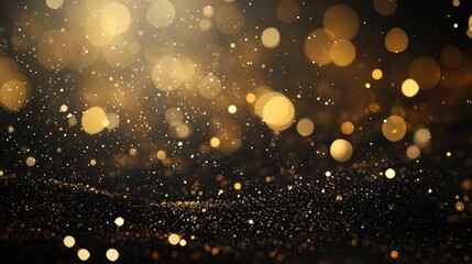 Elegant black and gold holiday background featuring shimmering glitter and soft bokeh lights for a festive and luxurious atmosphere