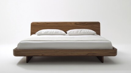 Obraz premium Minimalist bedroom design featuring a sleek wooden platform bed and plush white bedding for a serene and contemporary aesthetic