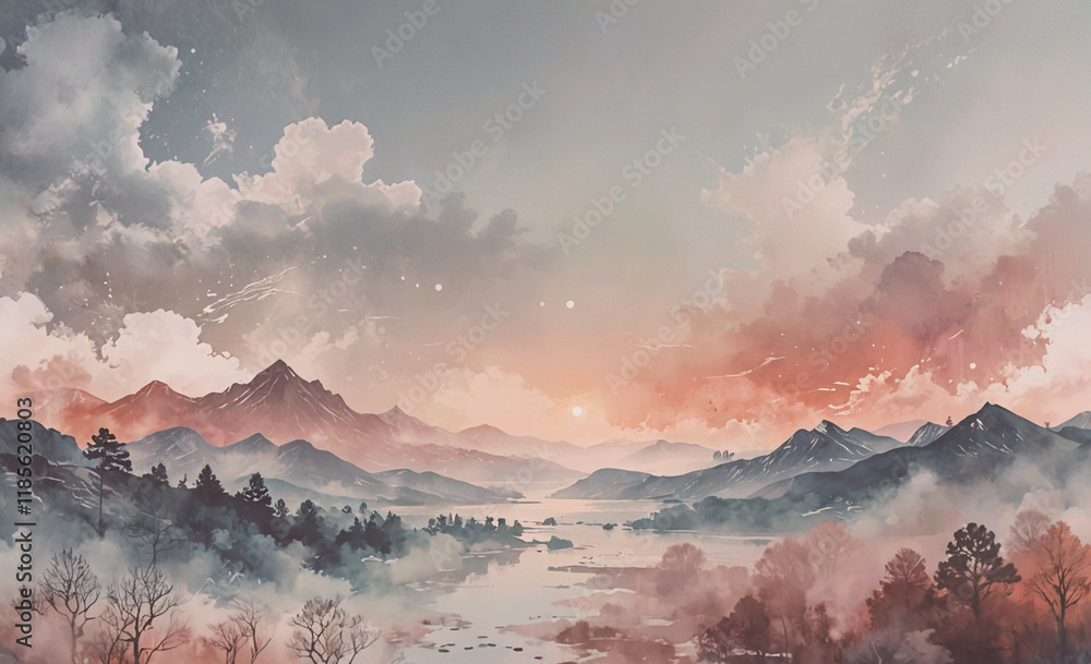Poster mountain range with a lake in the foreground. the sky is cloudy and the sun is setting