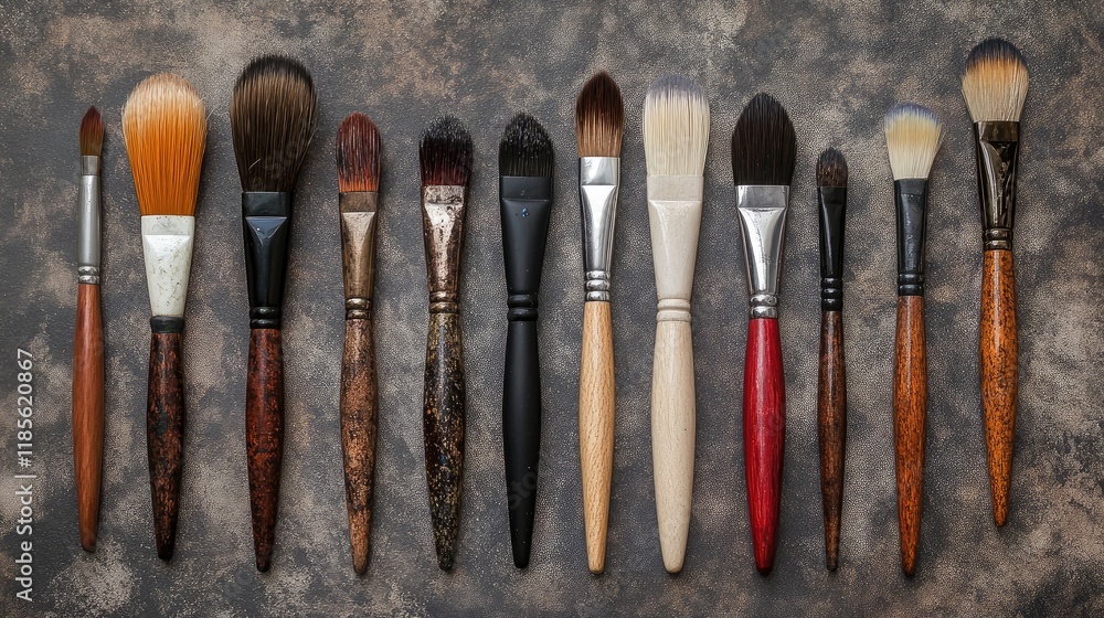 Poster assorted artistic paintbrushes arranged on textured background showcasing variety and craftsmanship 