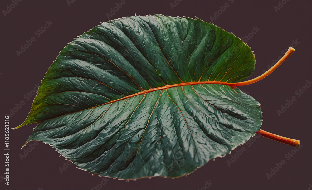 Poster leaf is shown in the image. it is green and has a stem. the leaf is wet and has a shiny appearance