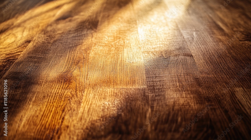 Poster close-up view of polished hardwood surface with natural grain patterns illuminated by soft light sho
