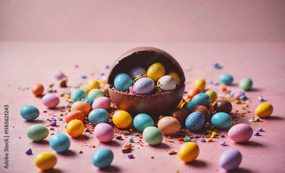 Poster Chocolate egg with a hole in it is surrounded by many colorful eggs. The eggs are scattered around the chocolate egg, with some of them being closer to the chocolate egg and others further away