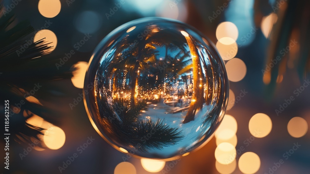 Poster festive new year reflection in a glass ornament with sparkling bokeh lights creating a warm holiday 