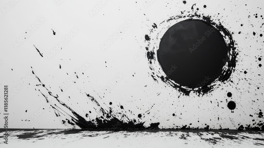 Aufkleber minimalist abstract background with black paint splatter and accent circle on white wall ideal for p