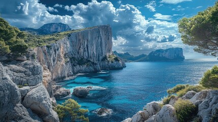 Serene Mediterranean coastline with dramatic cliffs and tranquil azure waters under a cloudy sky