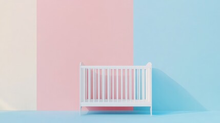 Minimalist baby crib in a serene pastel setting with contrasting light pink and blue walls creating a tranquil nursery atmosphere