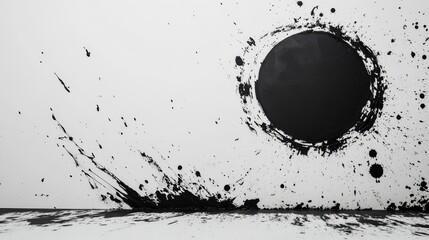 Minimalist abstract background with black paint splatter and accent circle on white wall ideal for product display and modern design use