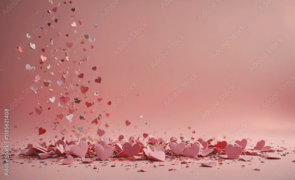 Poster pink background with a lot of hearts scattered around. some of the hearts are in the air and some ar