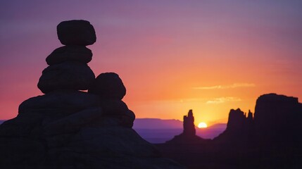Serene Sunset with Minimalist Rock Stacking Creating Tranquil Silhouette Against Colorful Sky at Dusk