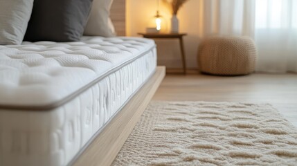 Minimalist bedroom interior featuring mattress rug nightstand cushions and soft lighting for a serene atmosphere