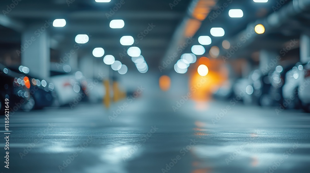 Poster blurred indoor parking lot with illuminated bokeh lights creating a modern and spacious ambiance for