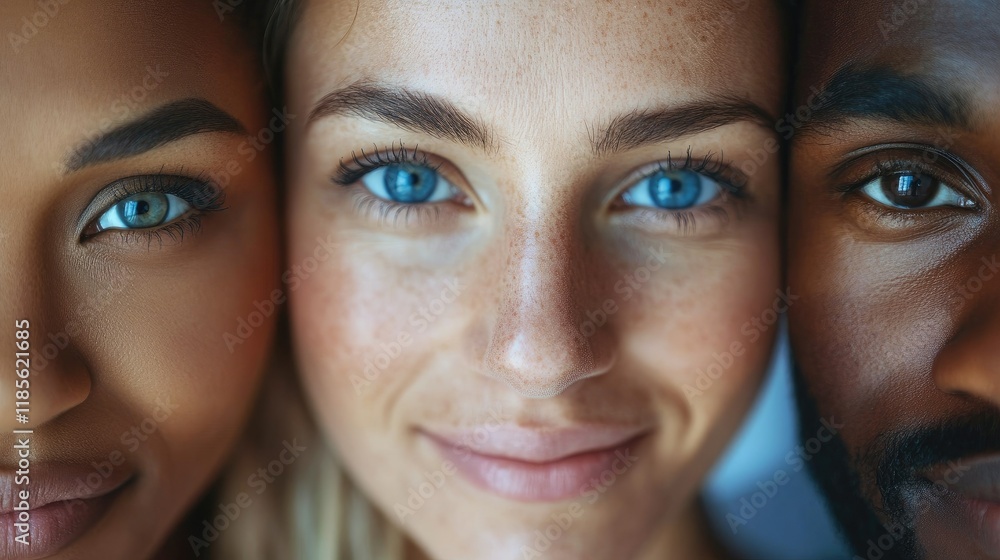 Poster diverse group of close-knit business colleagues showcasing unity and connection with bright blue eye