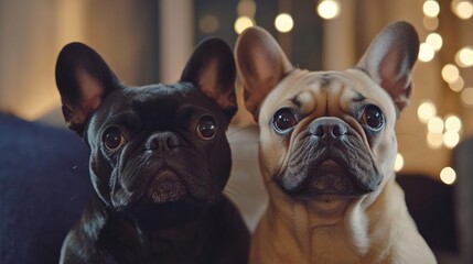 Fototapeta premium Happy pug and french bulldog sitting together on a cozy chair with warm bokeh lights in the background looking expectantly at the camera.
