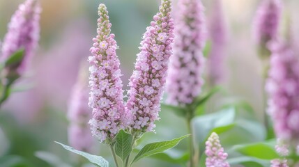 Obraz premium Pink flowering plants with soft green leaves in a blurred background creating a dreamy floral atmosphere for nature backgrounds