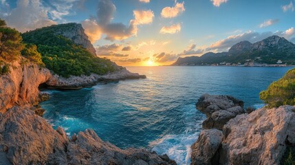 Fototapeta premium Mediterranean sunset seascape with dramatic mountains and vibrant clouds reflecting on tranquil waters in a serene coastal setting