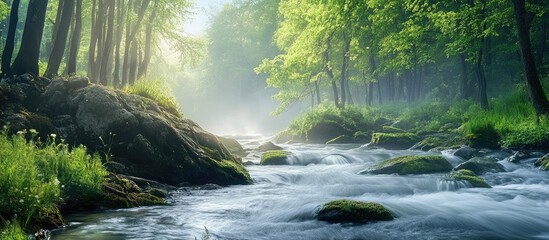 Misty forest with flowing river serene landscape promoting air quality and nature conservation with ample space for text inclusion