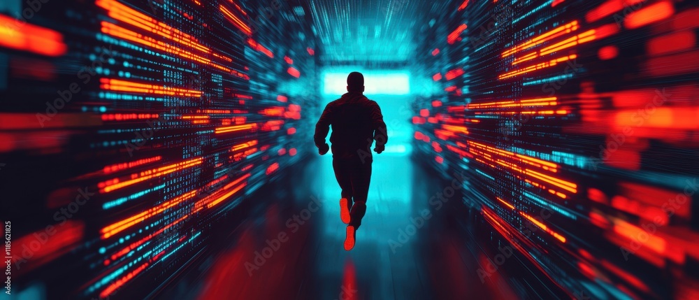 Poster runner in futuristic data stream with colorful light effects