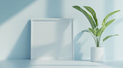 Modern minimalist art gallery interior with empty white frame and lush green plant for decor mockup and creative design inspiration