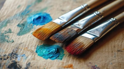 Fototapeta premium Paint brushes with vibrant colors resting on textured cardboard surface for artistic creativity and inspiration in painting projects