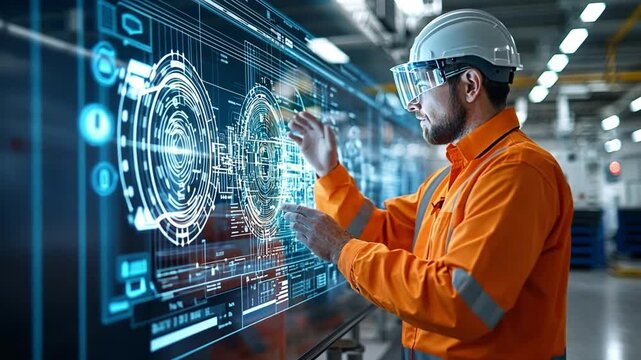 A technician in an orange work jacket and protective gear interacts with a high-tech holographic display, showcasing a futuristic workspace in an industrial setting.