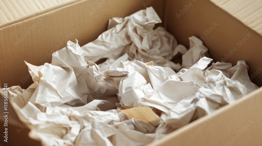 Poster open cardboard box containing crumpled paper for packaging or storage concepts in e-commerce and mov
