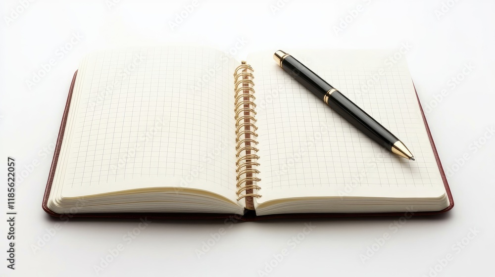 Poster open spiral-bound notebook with blank pages and a sleek pen resting on its side against a clean whit