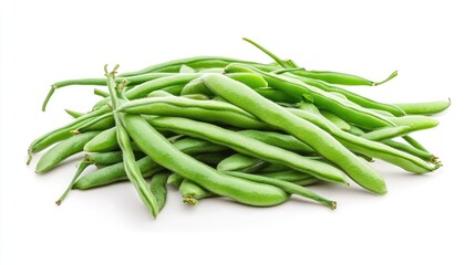 Fresh green haricot beans stacked neatly on a white background showcasing their vibrant color and natural shape ideal for healthy recipes.