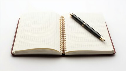 Open spiral-bound notebook with blank pages and a sleek pen resting on its side against a clean white background.