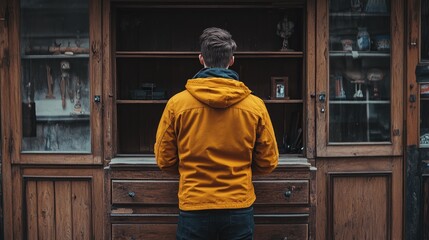 Man in yellow jacket examining vintage wooden cabinet outdoors with open shelves and nostalgic feel