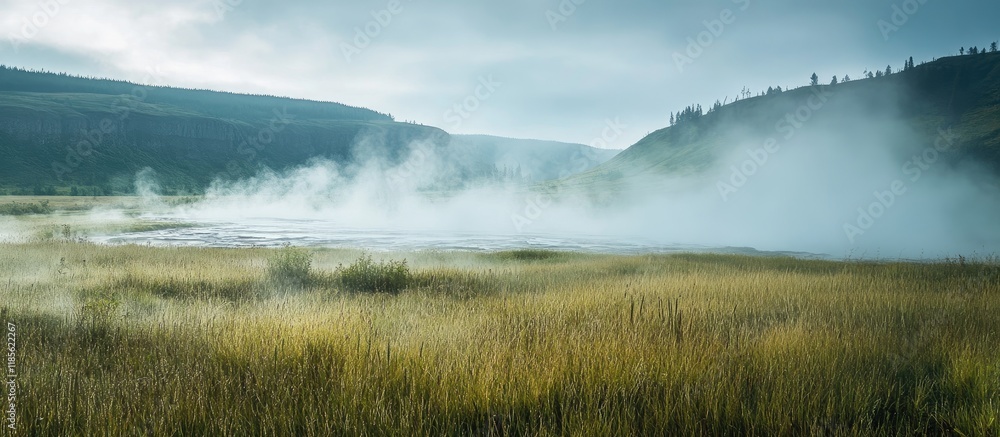 Poster Misty Geyser Cascade Surrounded by Lush Greenery and Atmospheric Fog with Blank Space for Text Overlay