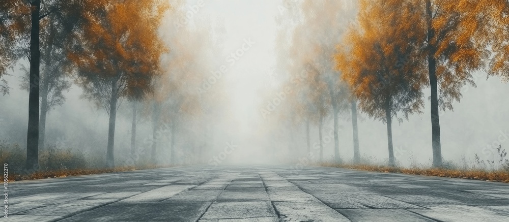 Poster autumn misty road in a foggy landscape with tiled background and copy space for text
