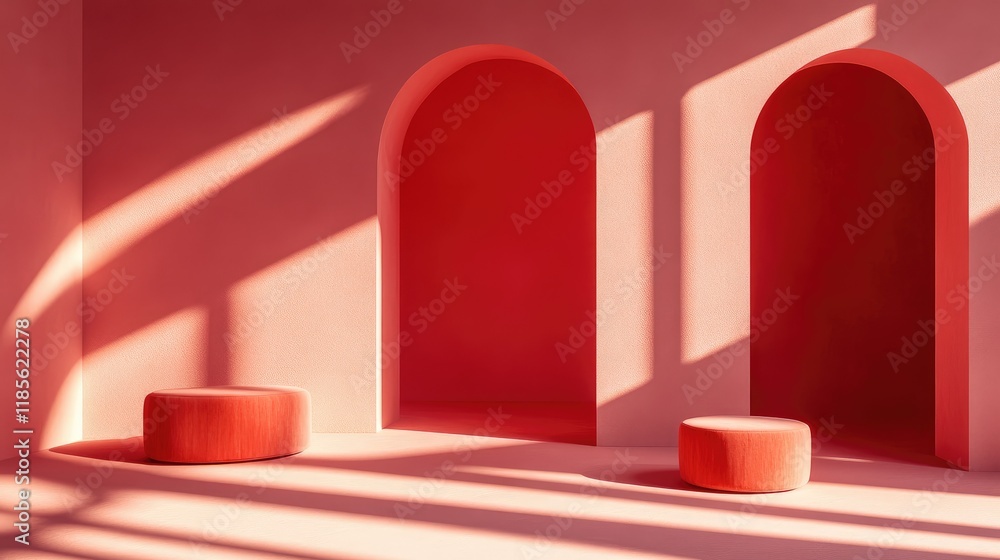 Poster minimalist interior design featuring abstract curved shapes and soft lighting in a warm color palett