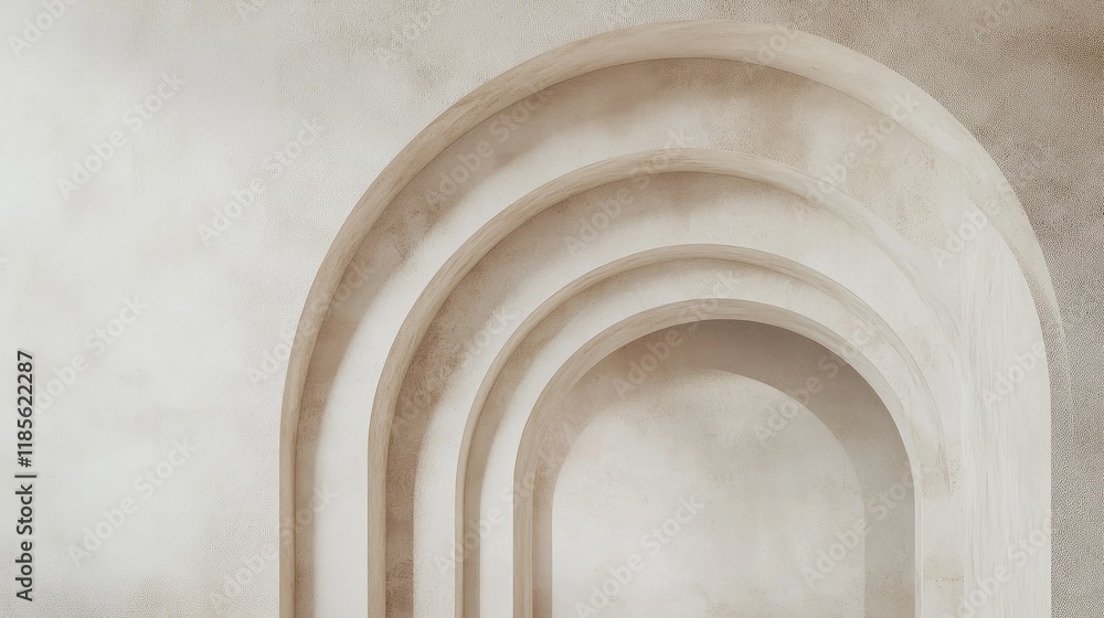 Poster abstract minimalist design featuring natural stone arches in a circular arrangement on a subtle text