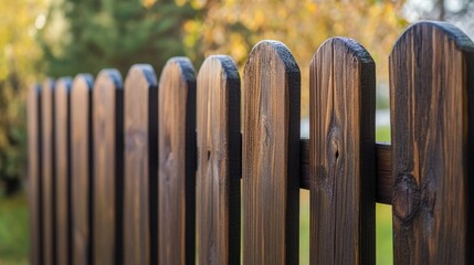 Wooden fence with rounded tops showcasing rich brown paint in a serene outdoor setting during sunlight. Perfect for home improvement themes.