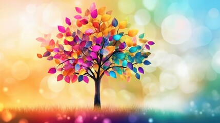 A vibrant tree with multicolored leaves represents diversity and hope, embodying the spirit of World Autism Day in a bright environment