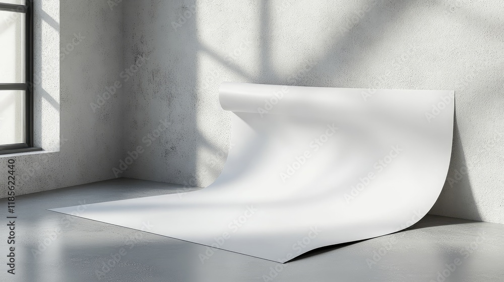 Poster minimalist studio setting featuring a rolled white poster against a gray wall with natural light cre