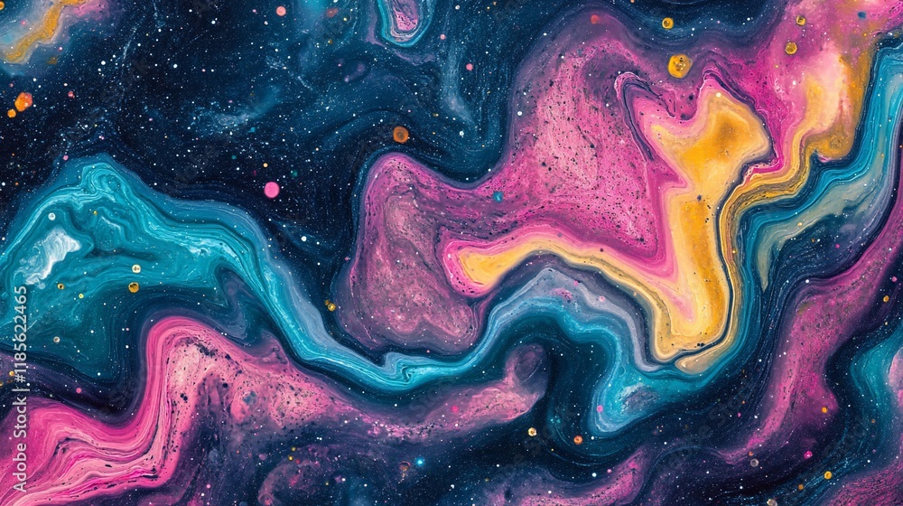 Poster abstract cosmic design with vibrant colors and fluid patterns.