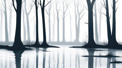 Misty autumn forest landscape with silhouetted bare trees reflected in serene swamp water creating a tranquil atmospheric scene